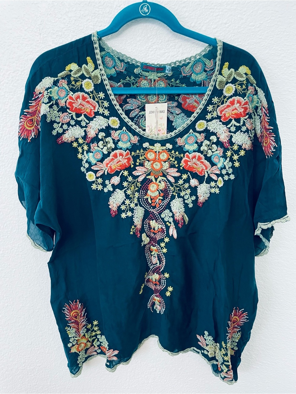 Johnny Was Teal Floral Embroidered Tunic Top